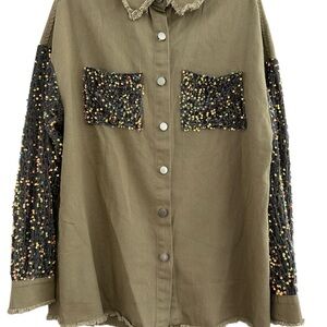 Pretty Find fashion Khaki Sequin Patchwork Denim Shacket Size XXL